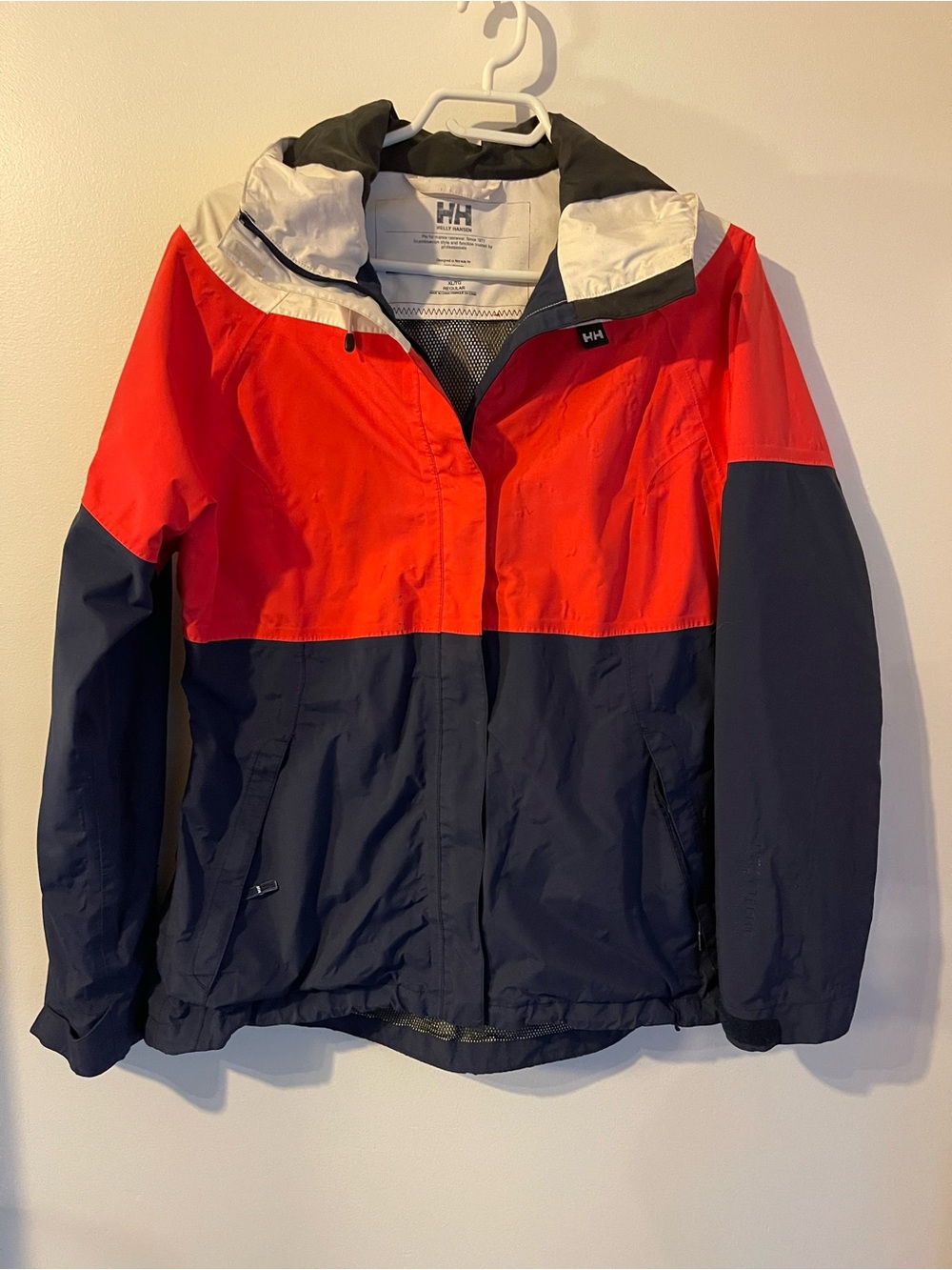 Helly Hansen Red Navy Colorblock Hooded Rain Jacket Size XL As Is